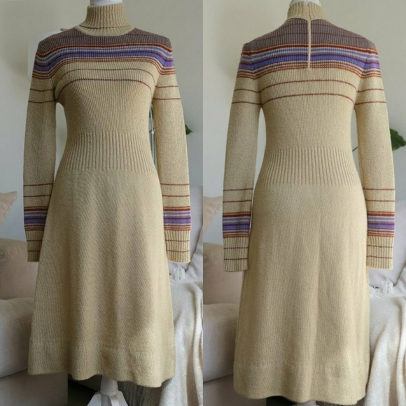Bargello Dresses & Skirts - Vintage Bargello Knitted Camel Colored Striped Turtleneck Sweater Dress